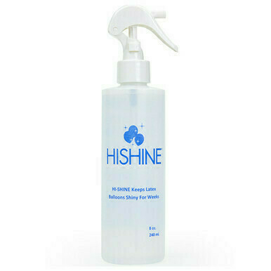 Auto-generated description: A clear spray bottle labeled HISHINE for keeping latex balloons shiny.